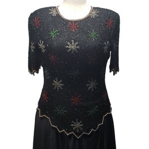 Laurence Kazar Vintage Beaded Silk Top L Black Glam 80s 90s Formal Eveningwear